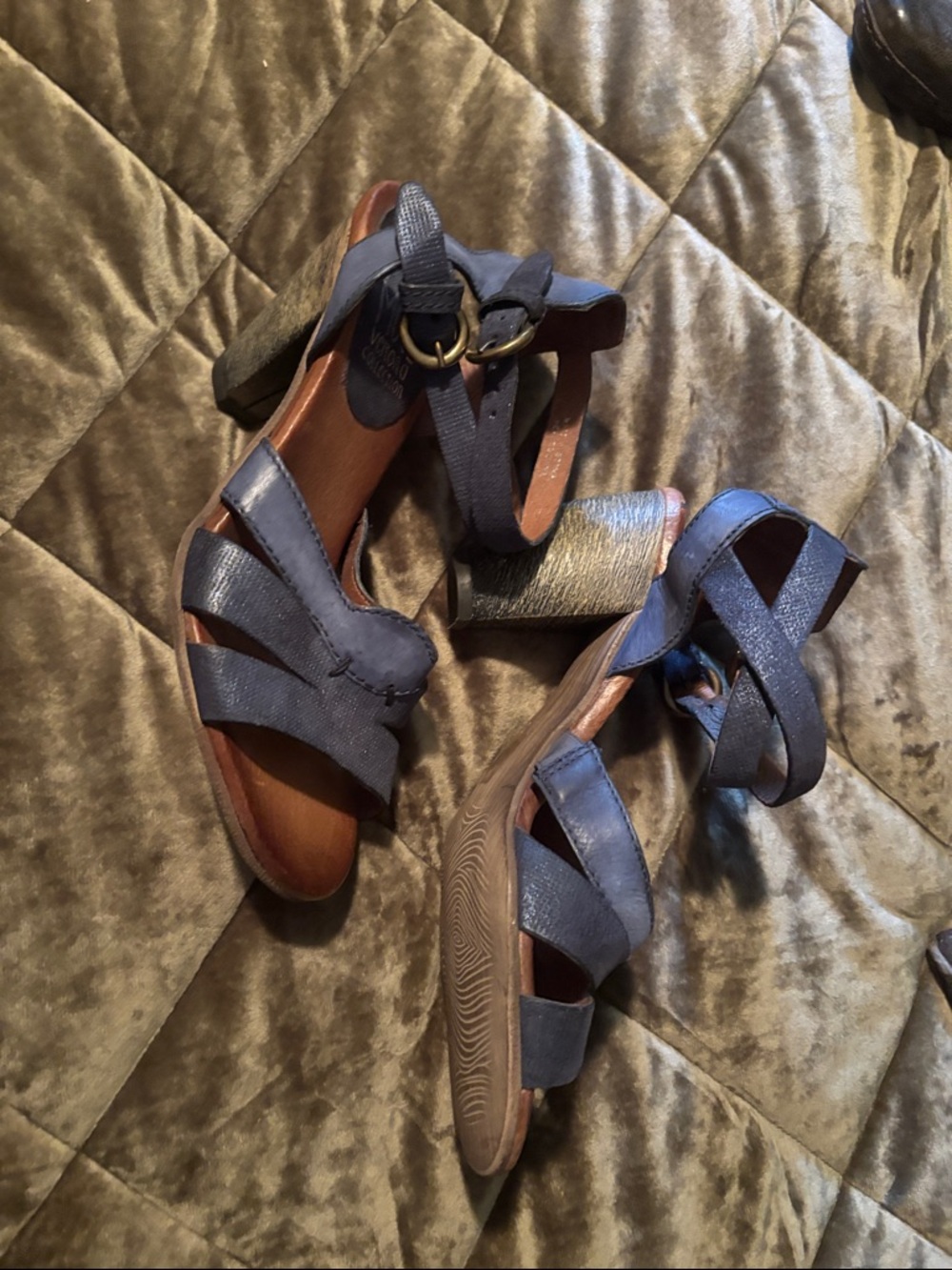 Miz Mooz Blue Leather Cross-Strap Block Heel Sandals